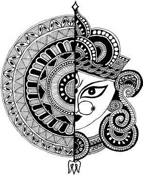 Transparent background png file of Graphic image of handmade painting of Hindu Goddess Durga.  Happy Navratri or Durga Puja.