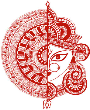 Transparent background png file of Graphic image of handmade painting of Hindu Goddess Durga.  Happy Navratri or Durga Puja.