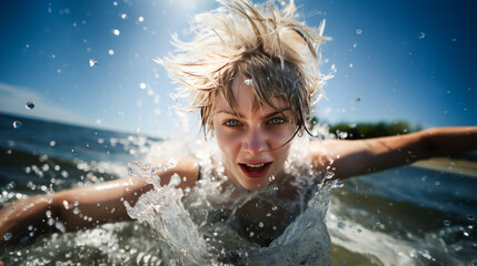 Playful blonde, blue-eyed emo girl joyfully splashing water while swimming outdoors. - obrazy, fototapety, plakaty