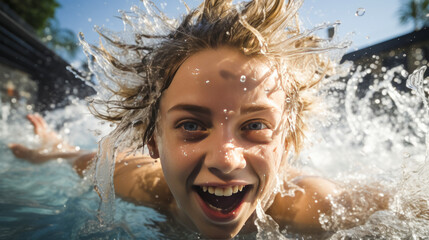 Engaging blonde emo teenage girl playfully splashing water while swimming outdoors.