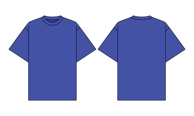 Blank Blue Short Sleeve Oversize T-Shirt Template On White Background.Front and Back View, Vector File.