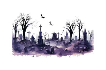 Watercolor spooky Halloween Graveyard clipart. Vector illustration design.