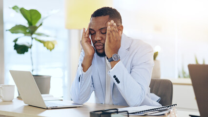 Business man, headache and pain on computer for office planning, Human Resources crisis and mistake or payroll error. African worker or employee with fatigue, tired and stress for news or career fail