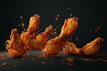 Fried Chicken with Sauce on Solid Black Background
