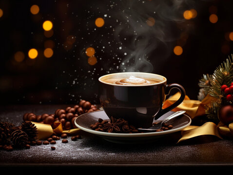 Cup of Christmas coffee with copyspace on dark background.