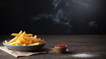 French Fries on Plate  with Sauce Placed on Table - obrazy, fototapety, plakaty