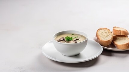 Mushroom Soup with Garlic Bread on Table