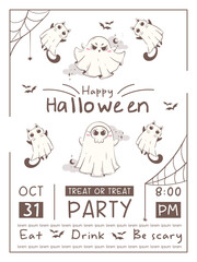 Halloween party invitation poster with cute kawaii ghost. Brochure with calligraphic text. Halloween character vector illustration in pink retro colors