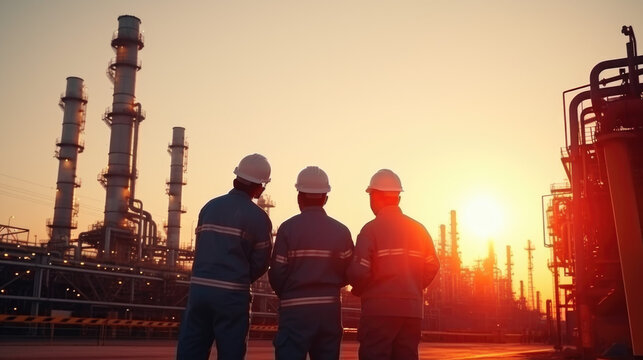 Silhouette of Teams engineer and foreman working at petrochemical oil refinery in sunset.