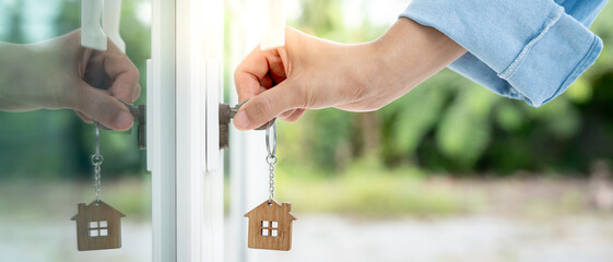 Landlord key for unlocking house is plugged into the door. Second hand house for rent and sale....