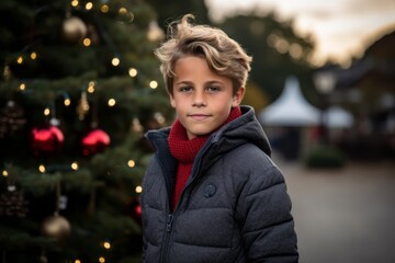 Portrait of a cute little boy at the Christmas market in the city.