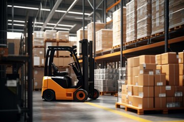 Forklift loading goods in warehouse with high shelves. Interior of modern warehouse. Generative AI