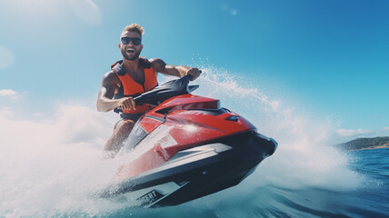 Man riding a jet ski on a sunny summer day in the open sea and drive through the waves quickly Wear a life jacket for safety. holiday happiness beautiful sea scenery. Generative AI - obrazy, fototapety, plakaty
