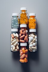 Various bottles with pills on grey background. Healthcare or addictions to tablets concept. Generative AI