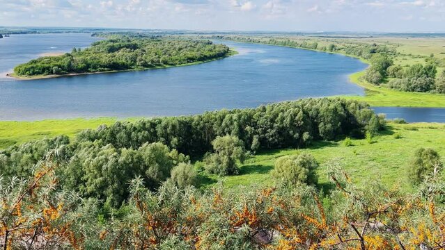 Picturesque view of the Kama River from the observation deck at the Yelabuga settlement. The movement of clouds over the river. Lower Kama National Park. Yelabuga, Republic of Tatarstan, Russia, 4K