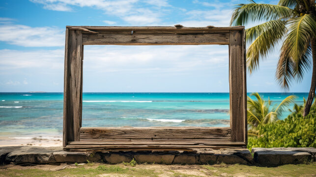 Inviting weathered wooden frame on a palm tree, beach and sea in the background.