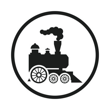 Old locomotive or train on railway. Retro transport. Hand drawn sketch vector illustration in vintage engraving style