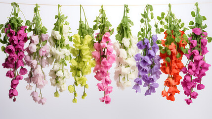 Sweet pea hanging group plants isolated on a white background - obrazy, fototapety, plakaty