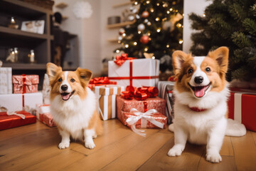 Cute and adorable young baby dog, puppy with christmas gifts