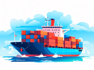 Cargo ship in ocean illustration. Freight transport with loaded container ship flat style. Import and export. International delivery concept.