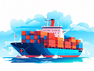 Obraz premium Cargo ship in ocean illustration. Freight transport with loaded container ship flat style. Import and export. International delivery concept.