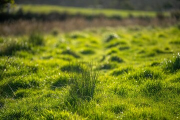 Grass growing in a field. Beautiful farming landscape - obrazy, fototapety, plakaty