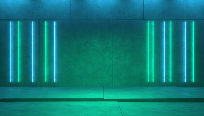 Dark abstract room with green blue neon line lights on concrete wall. Empty scene concept background. 3d illustration