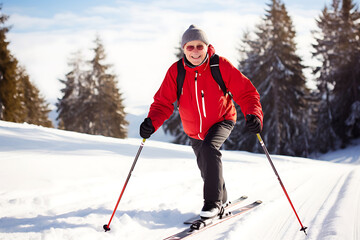An elderly man in a red jacket is skiing on a snowy slope. The man looks at the camera and smiles.