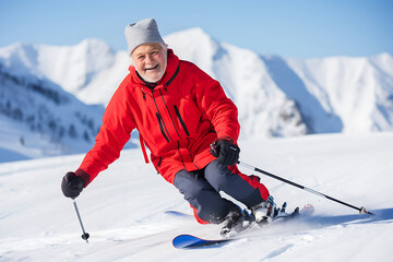 Fototapeta na wymiar An elderly man in a red and blue ski suit skis on a snowy slope