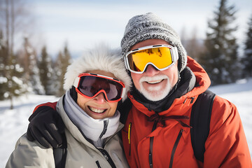 Fototapeta na wymiar An elderly couple poses on a snowy slope in ski equipment.