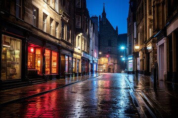 Nighttime photo of Victoria Street in Edinburgh. Generative AI - obrazy, fototapety, plakaty