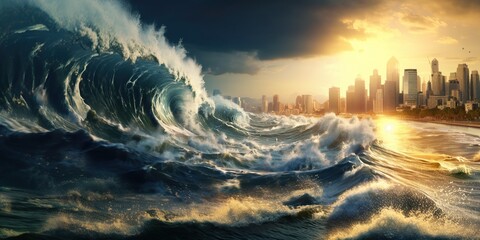 Huge tsunami wave is approaching a city with skyscrapers , concept of Natural disaster - obrazy, fototapety, plakaty