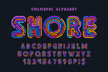 Colorful neon light alphabet, multicolor stroke style.