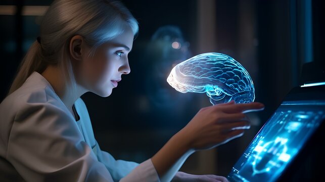 A female neurophysiologist looks at and studies the projection of an X-ray of the brain in the field of innovative and advanced medicine and neurophysiology.