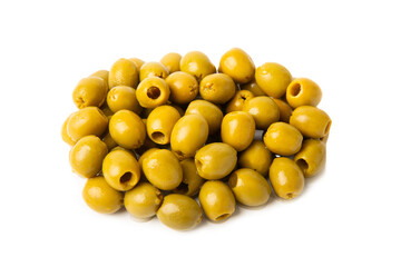 Delicious green olives isolated on white background. Olive and olive tree branches on a white table. Delicacy.