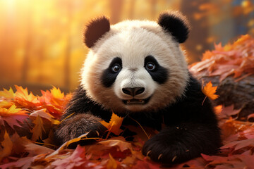 cute panda animal in autumn - obrazy, fototapety, plakaty