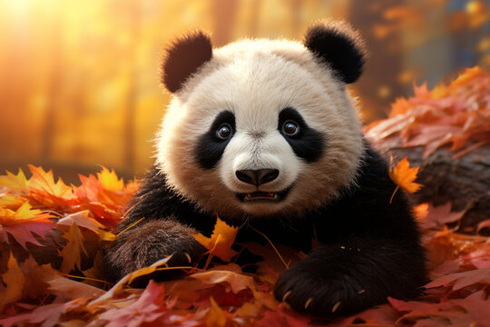 Fototapeta cute panda animal in autumn