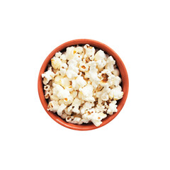 Ready popcorn in a clay bowl on a transparent background. View from above. PNG. - obrazy, fototapety, plakaty