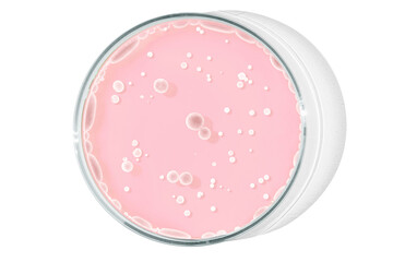 Petri dish isolated on empty background. Pink drops, streaks, bacteria and molecules in a Petri dish.