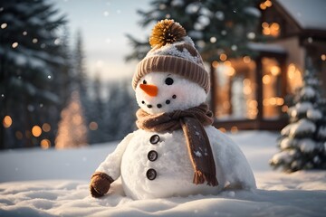 Lindo muñeco de nieve con sombrero en un paisaje nevado de navidad. - obrazy, fototapety, plakaty