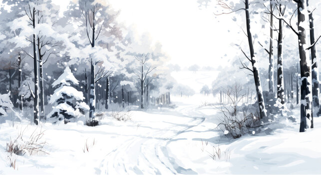 The image depicts a serene snowy forest against a clear white background.