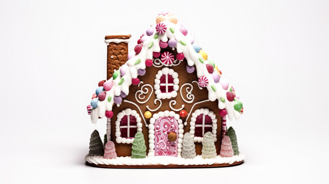A gingerbread house with candy decorations stands in front of a snowy landscape, evoking feelings of warmth and holiday cheer.