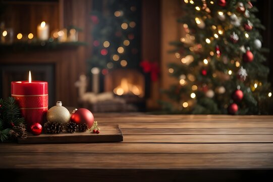 Mesa de madera en primer plano con fondo de una casa en navidad, arbol de navidad difuminado, borroso.