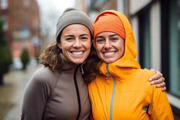 Mother and daughter in sportswear on the street in New York. 