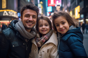 Father with two daughters spending time on the streets of New York. 