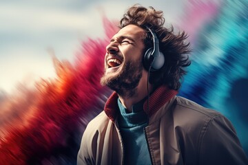 Exited Man Listening to Music with his Headphones - Sound Waves Visuaized as Colorful Wafes  - AI Generated - obrazy, fototapety, plakaty