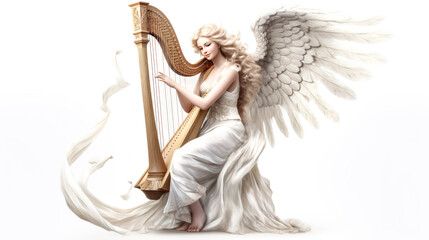 An angel plays a harp on a clear white background in this heavenly image.