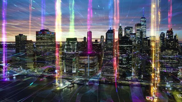 Aerial Futuristic Panoramic Skyline Of Manhattan with Colorful Columns of Light. Holographic Technology. Internet of Things, Augmented Reality. LGBTQ Colors.  New York City, United States.