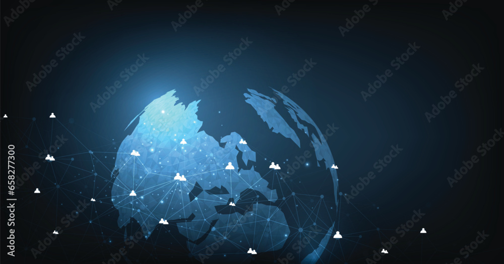 Poster Communication and Social media network concept. Social media network and remote work hologram on dark blue background. Hi-tech digital technology concept.