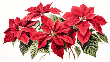 Obraz premium The red poinsettia plant's vibrant blooms stand out against the clear white background in this botanical image.